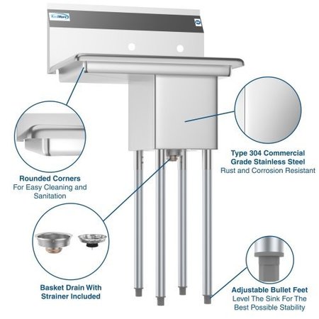 Koolmore 1 Compartment Stainless Steel NSF Commercial Kitchen Prep & Utility Sink with Drainboard SA101410-12L3